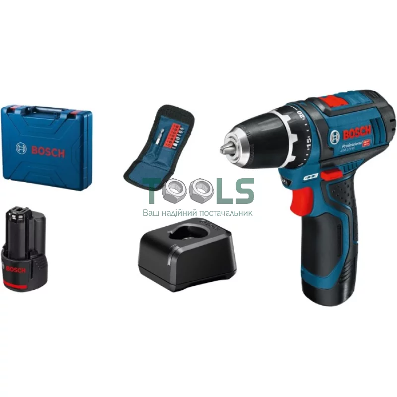 Шуруповерт аккумуляторный + набор бит Bosch Professional GSR 12V-15 (12 В, 2х2 А*год, 30 Н*м) (060186810G)