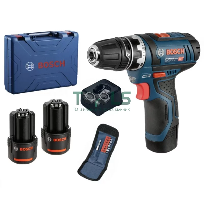 Шуруповерт аккумуляторный + набор бит Bosch Professional GSR 12V-15 (12 В, 2х2 А*год, 30 Н*м) (060186810G)