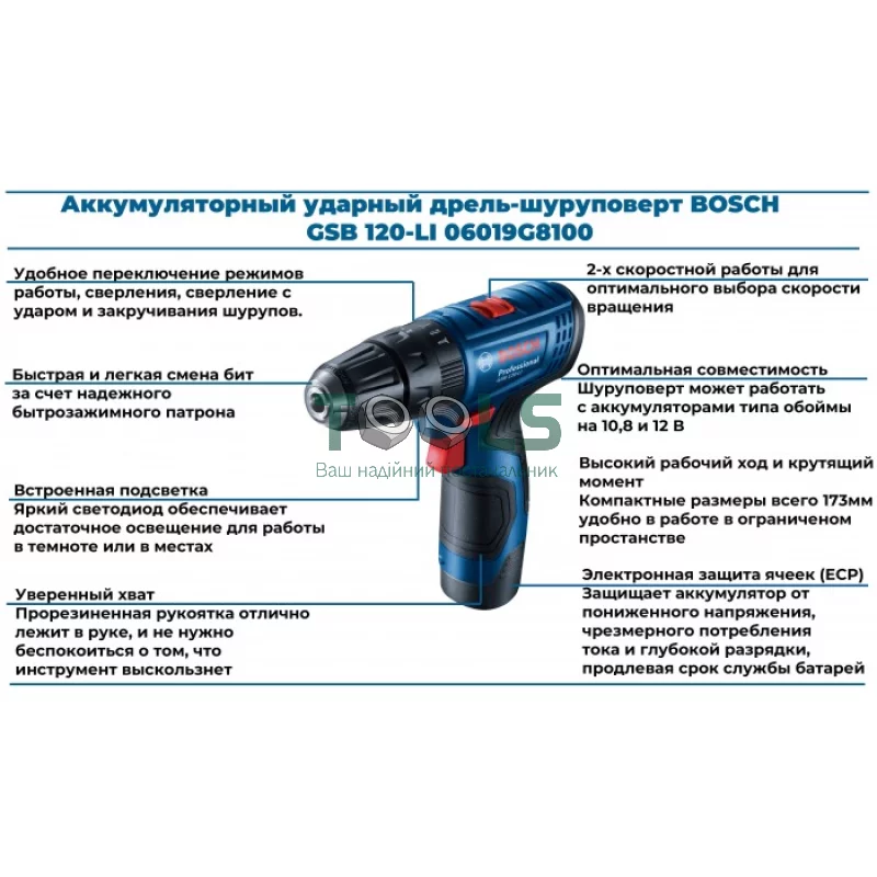 Дриль-шуруповерт акумуляторний Bosch GSB 120-LI Professional (12 В, 2х2 А*год, 30 Н*м) (06019G8100)