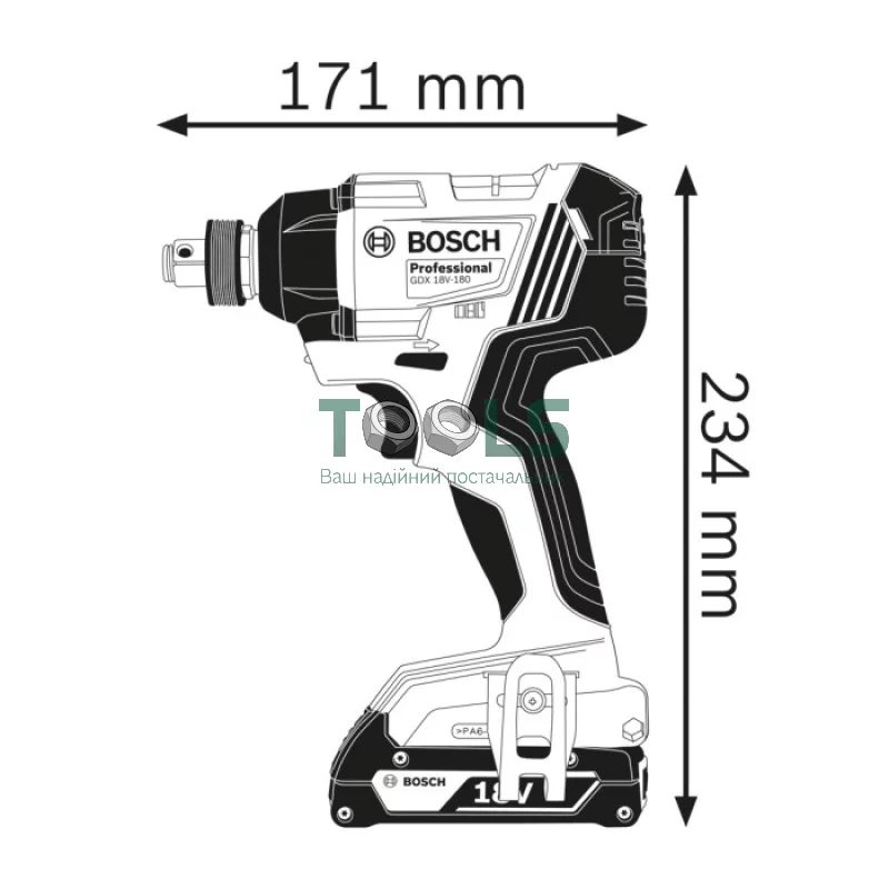 Аккумуляторный ударный гайковерт Bosch GDX 180-LI (18 В, 2х2 А*ч, 180 Н*м) (06019G5223)