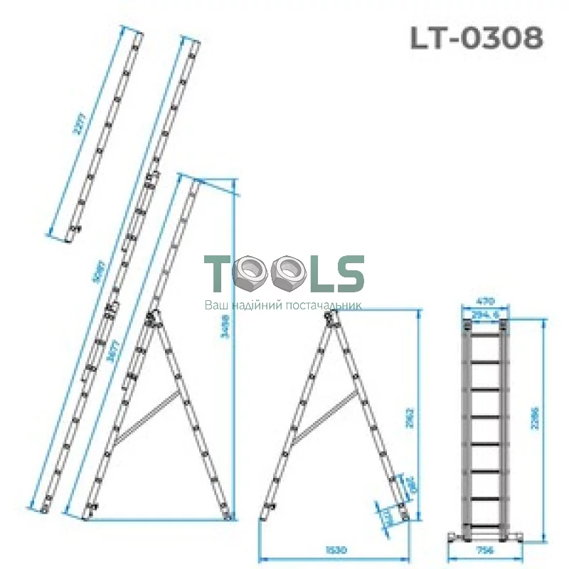 Лестниця алюмінієва трисекційна INTERTOOL 3х8 (LT-0308)