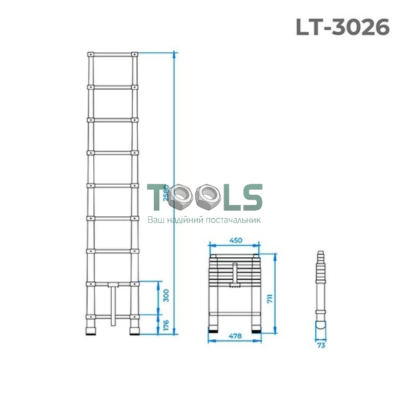 Лестниця телескопічна алюмінієва INTERTOOL 1х8 (LT-3026)