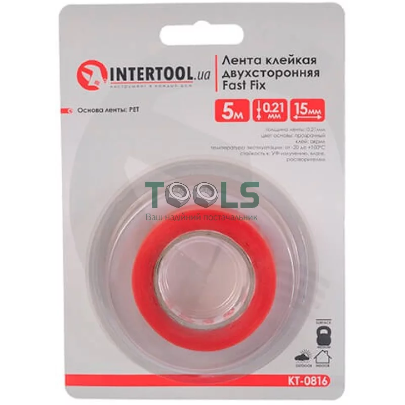 Лента клейкая двухсторонняя Intertool Fast Fix, 15 мм, 5 м, прозрачная, РЕТ (KT-0816)