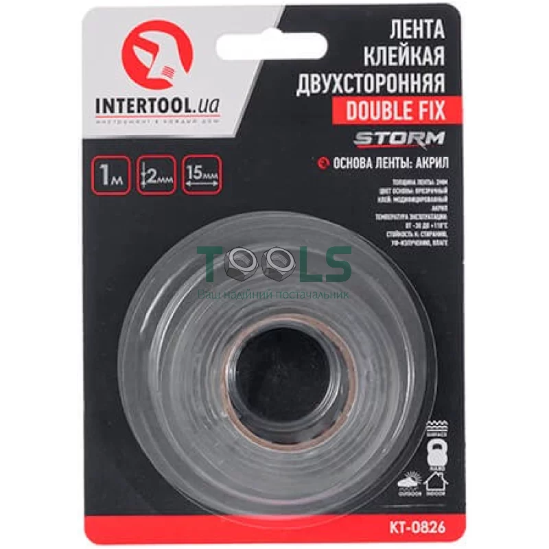 Лента клейкая двухсторонняя Intertool Storm Double Fix, 15 мм, 2 м, прозрачная, акриловая (KT-0826)