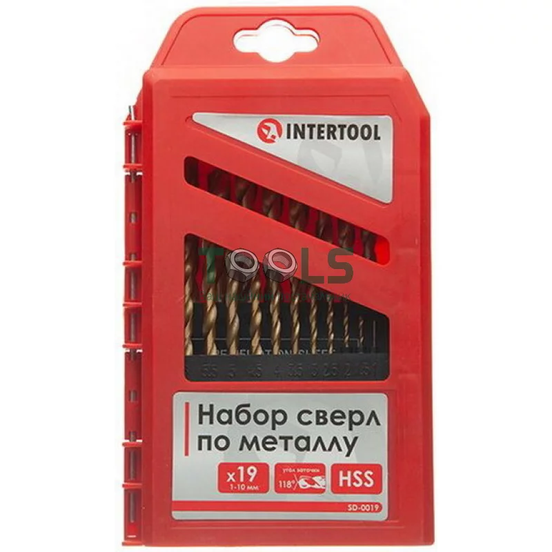 Набор сверл по металлу INTERTOOL, DIN338 HSS, 19 шт (1 - 10 мм), покрытие Ti (SD-0019)