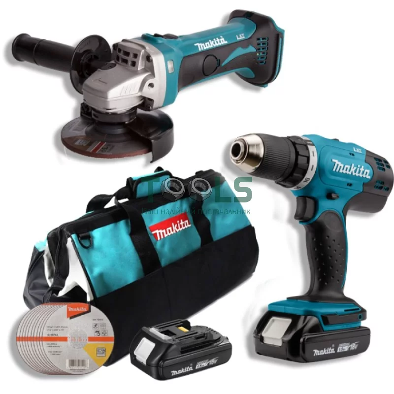 Аккумуляторная дрель-шуруповерт Makita DDF453SYX4 + угловая шлифмашина DGA452 + диски + сумка (18 В, 2х1.5 А*ч) (SET-DDF453MK2)