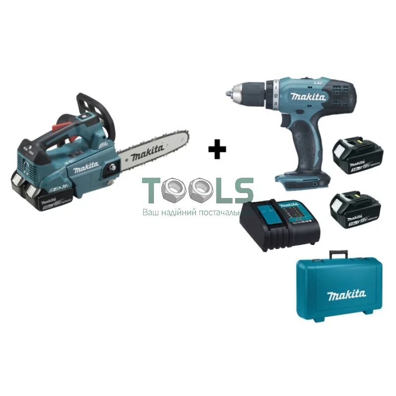 Пила цепная аккумуляторная Makita DUC256PT2 + дрель-шуруповерт Makita DDF453RFE (4 АКБ, ЗУ, кейс)