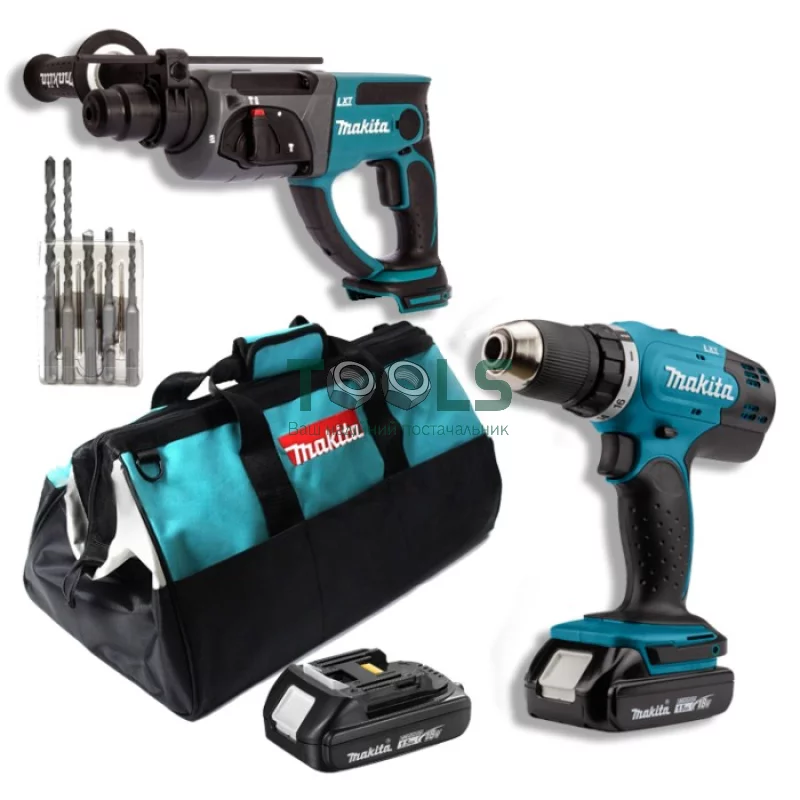 Аккумуляторная дрель-шуруповерт Makita DDF453SYX4 + перфоратор DHR202 + набор буров + сумка (18 В, 2х1.5 А*ч) (SET-DDF453MK1)