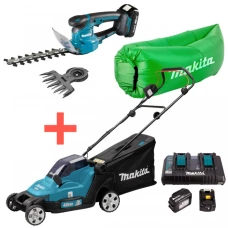 Акумуляторна газонокосарка Makita DLM432CT2 + ножиці Makita DUM111SYX + ламзак (SOFA-DLM-2-R)