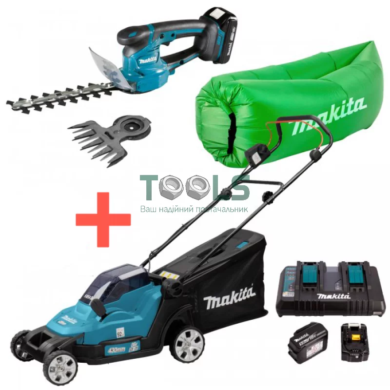 Аккумуляторные газонокосилка Makita DLM432CT2 + ножницы Makita DUM111SYX + ламзак (SOFA-DLM-2-R)