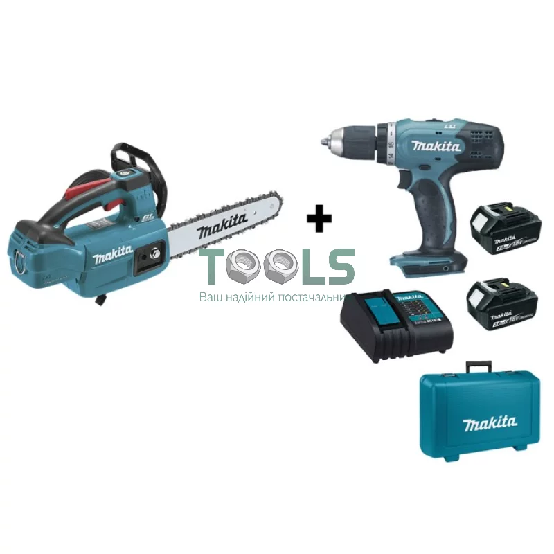 Пила цепная аккумуляторная Makita DUC306Z + дрель-шуруповерт Makita DDF453RFE (2 АКБ, ЗУ, кейс)