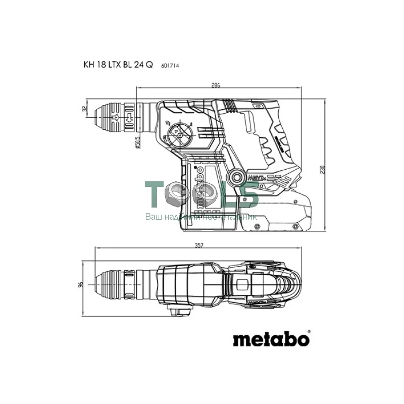 Акумуляторний перфоратор Metabo KH 18 LTX BL 24 Q (18 В, без АКБ; 2.2 Дж) (601714850)