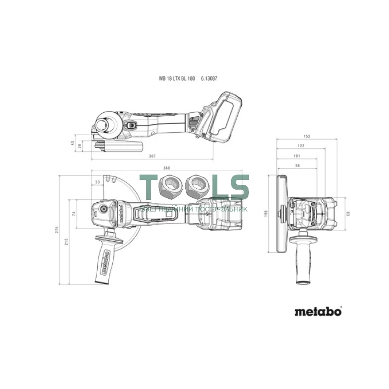 Акумуляторна болгарка безщіткова Metabo WB 18 LTX BL 180 (18 В, без АКБ, 180 мм) (613087840)