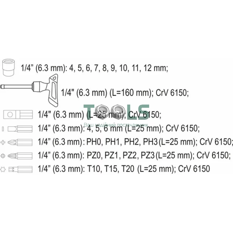 Отвертка реверсивная VOREL 1/4" 25 элементов (65105)