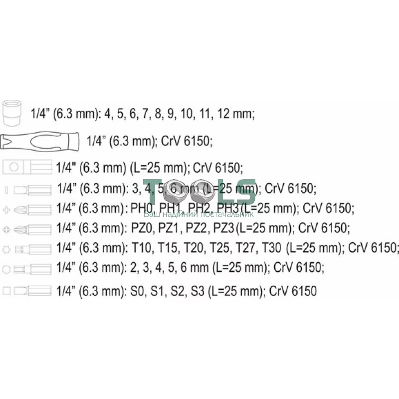 Викрутка реверсивна VOREL 1/4" 38 елементів (65023)