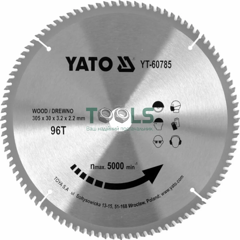 Диск пильный по дереву с победитовыми напайками YATO YT-60785 (305x30x3.2x2.2 мм), 96 зубцов