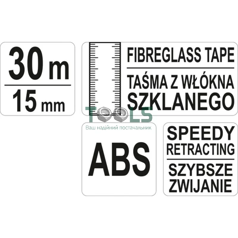 Рулетка YATO 30 м x 15 мм, геодезическая стекловолоконная (YT-71540)