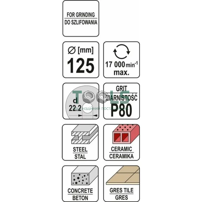 Диск шліфувальний YATO 125х22.2 мм, Р80 по дереву, металу, каменю (YT-83265)