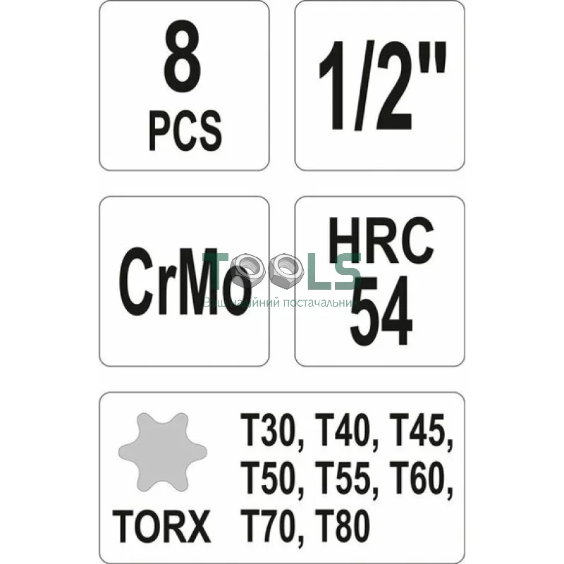 Набор насадок отверточных ударных YATO TORX 1/2" 8 шт (YT-1065)