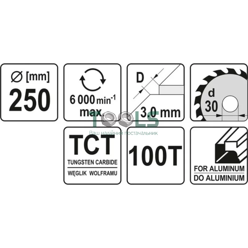Диск пильний YATO по алюмінію 250х30х3.0x2.2 мм, 100 зубців (YT-6095)