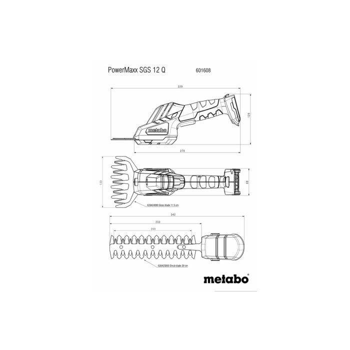 Аккумуляторные садовые ножницы Metabo PowerMaxx SGS 12 Q (12 В, без АКБ, 115/200 мм) (601608850)