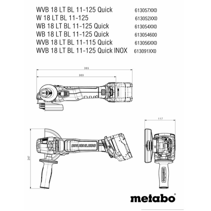 Аккумуляторная болгарка Metabo WVB 18 LT BL 11-125 Quick (18 В, без АКБ, 125 мм) (613057840)