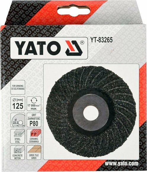 Диск шлифовальный YATO 125х22.2 мм, Р80 по дереву, металлу, камню (YT-83265)