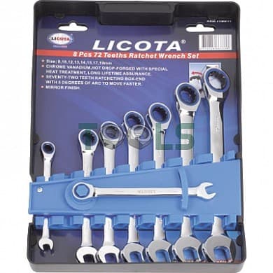 Набор ключей трещоточных комбинированных 72 зуба 8-19 мм, 8 предметов на пластиковом держателе LICOTA (ARW-11MK11)